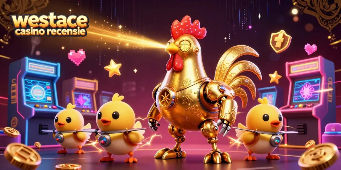 Visualiseer de westace casino recensie met een robot en kleurrijke casinospellen.