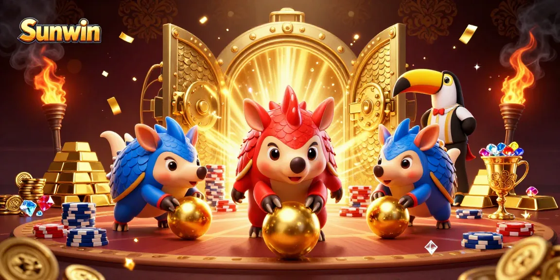 Sunwin pangolins rolling through poker chips in a vibrant casino scene.