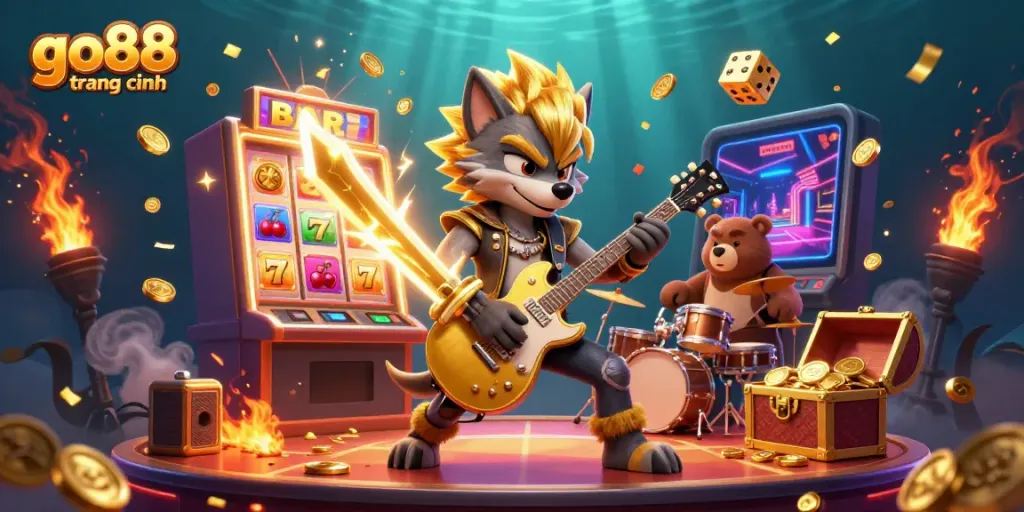 Engage with go88 trang chính on a vibrant casino stage featuring a wolf rock star and explosive gaming elements.