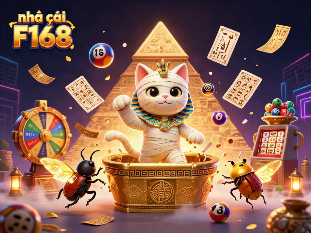 Engage with Nhà cái F168's thrilling casino experience featuring a mummy cat and scarab beetle amidst vibrant game elements.