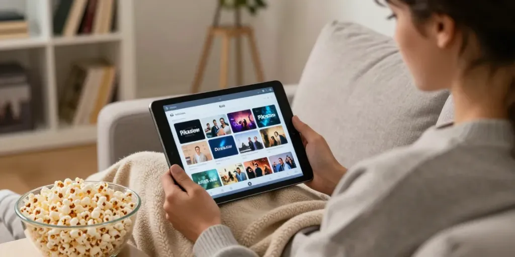 Pikashow APK archive featured on a tablet in a cozy home setting.