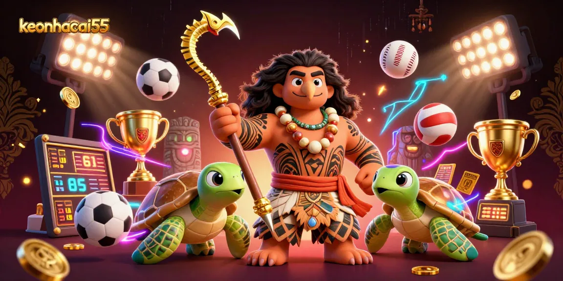 Bet on keonhacai55 with a vibrant 3D illustration featuring a demigod hawk and sports elements.
