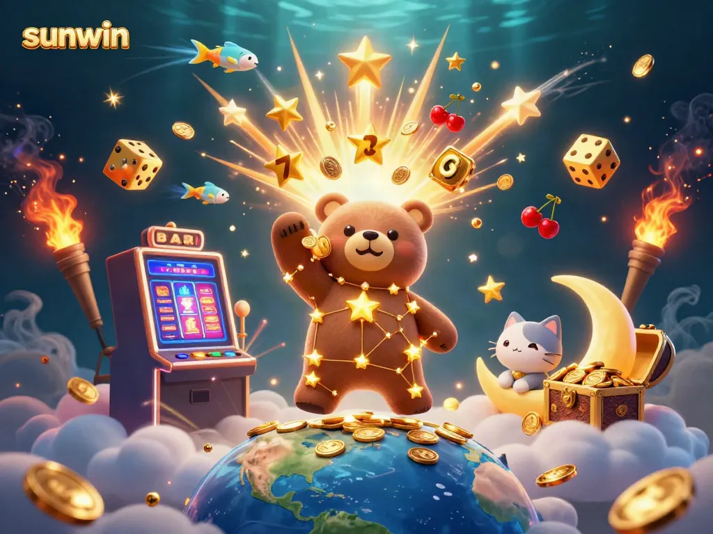 Engage with sunwin's exciting jackpot games as the constellation bear scoops up coins surrounded by casino elements.