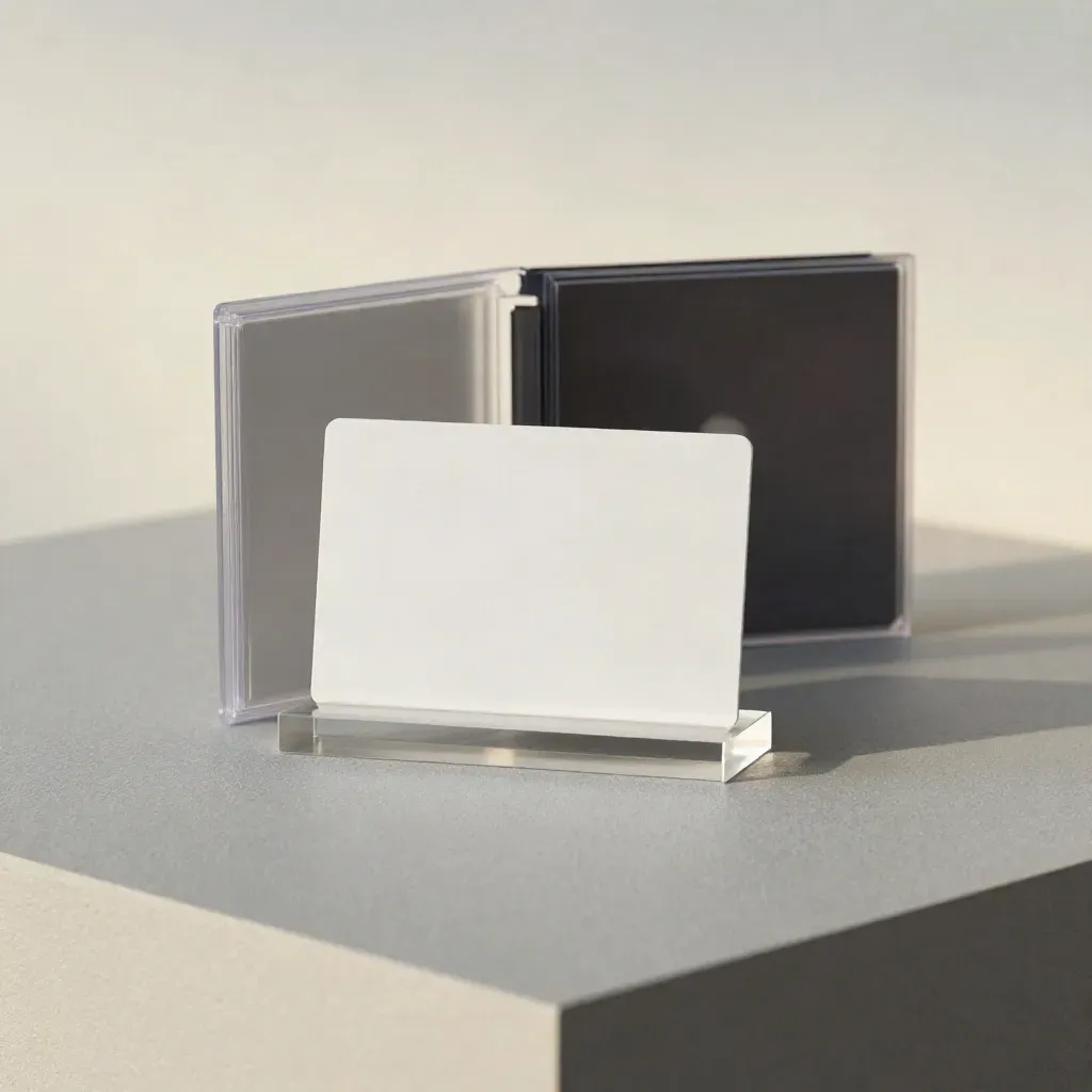 Blanke consolecadeaukaart tegen frosted acrylblok met sleeve en disc case in zacht studiolicht.