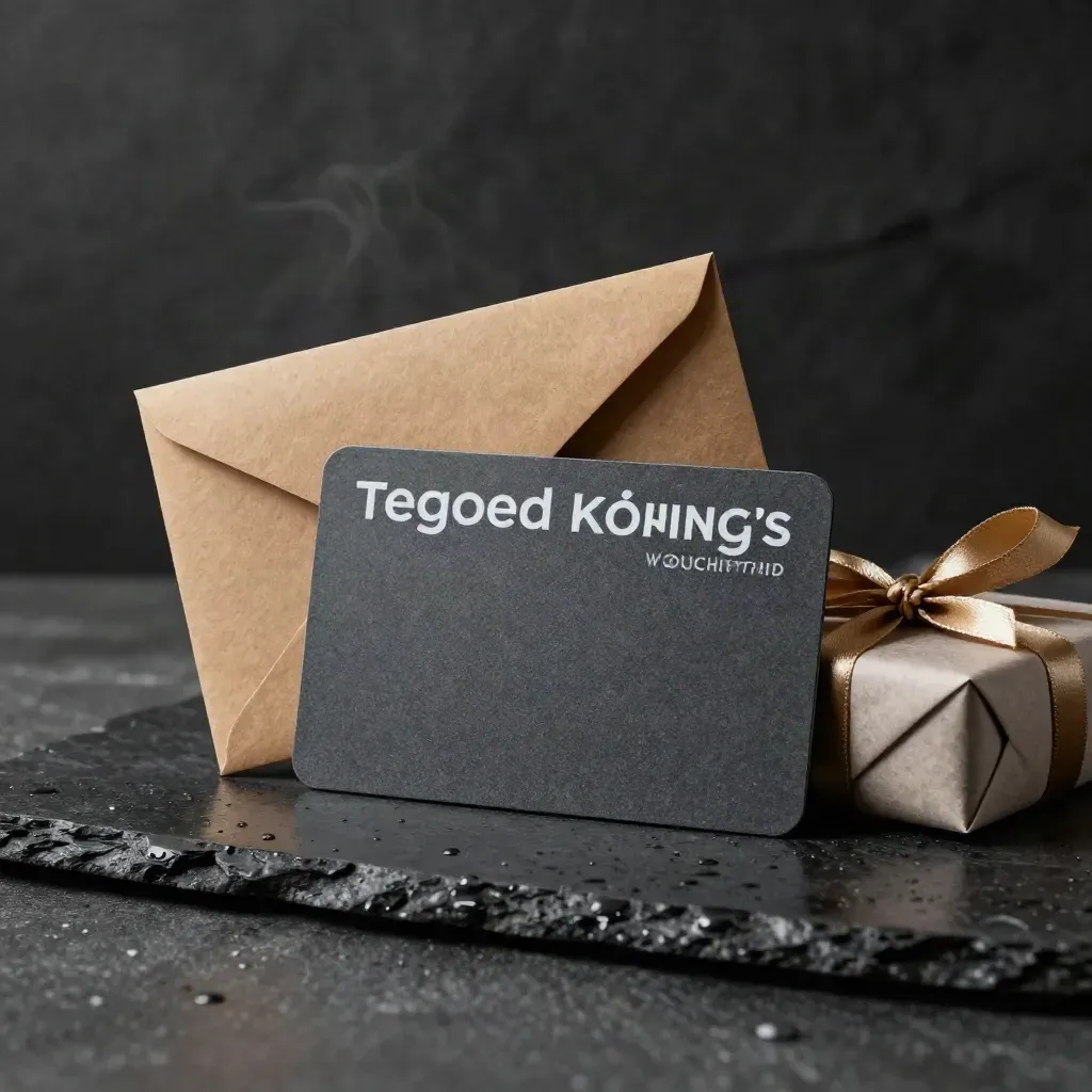 Luxe cadeaukaart in sleeve met kraftenvelop en pakketje op natte zwarte steen.