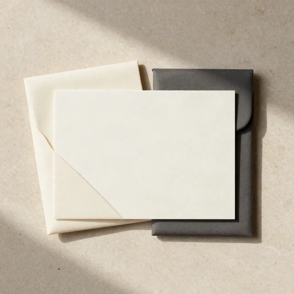 Bovenaanzicht van een blanco gamevoucherkaart in opgevouwen crèmekleurige stof met envelopje en etui.