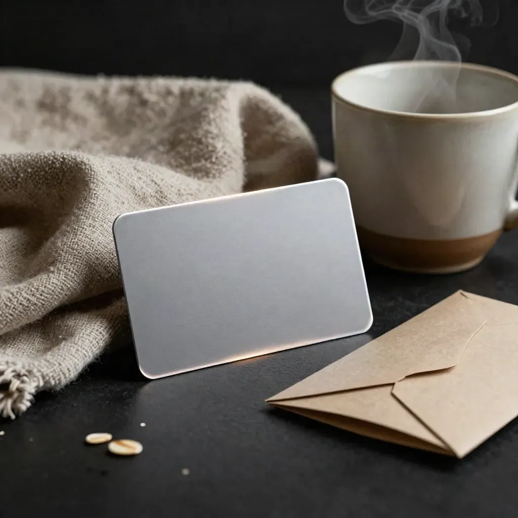 Luxe streamingvoucherkaart naast linnen doek, kopje en poststuk in een donkere studiosetting.