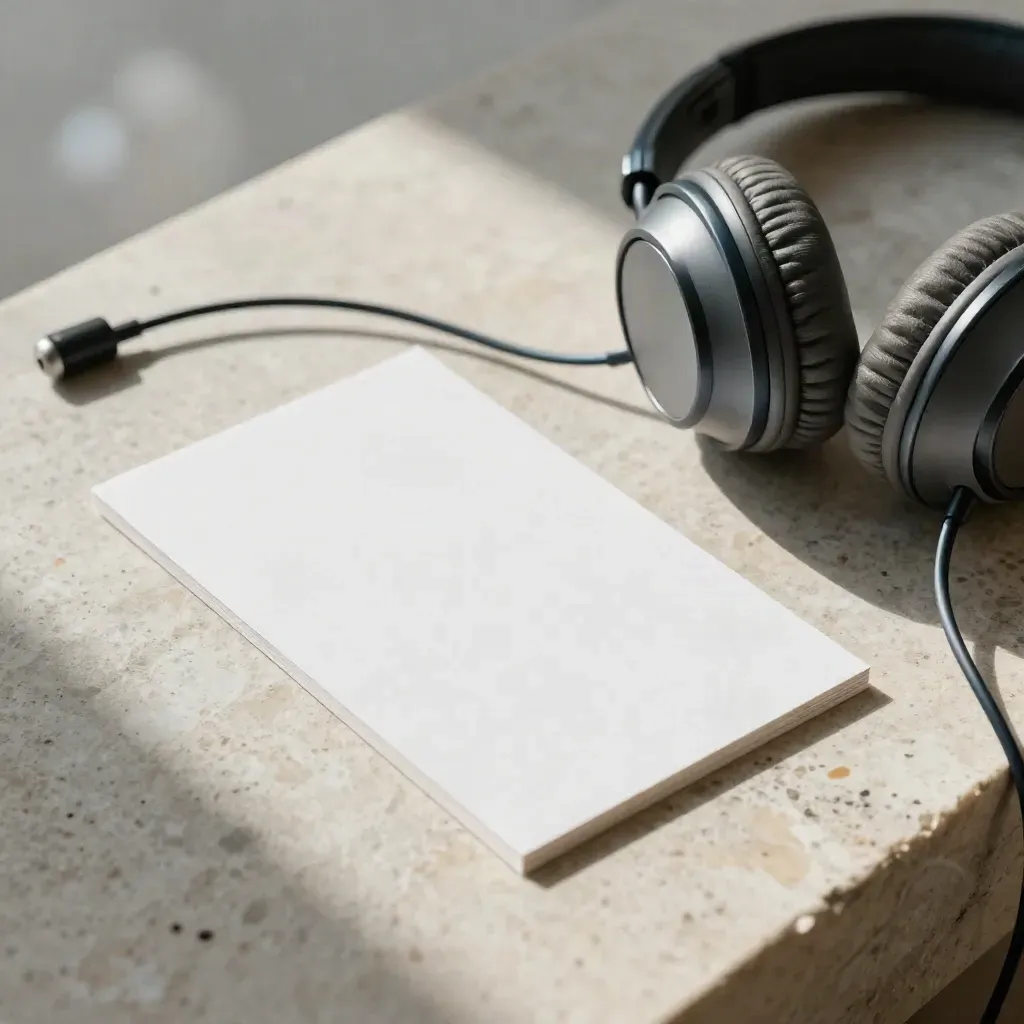 Blanco muziekcodekaart met koptelefoon en stoffen hoes op lichte steen in zacht daglicht.