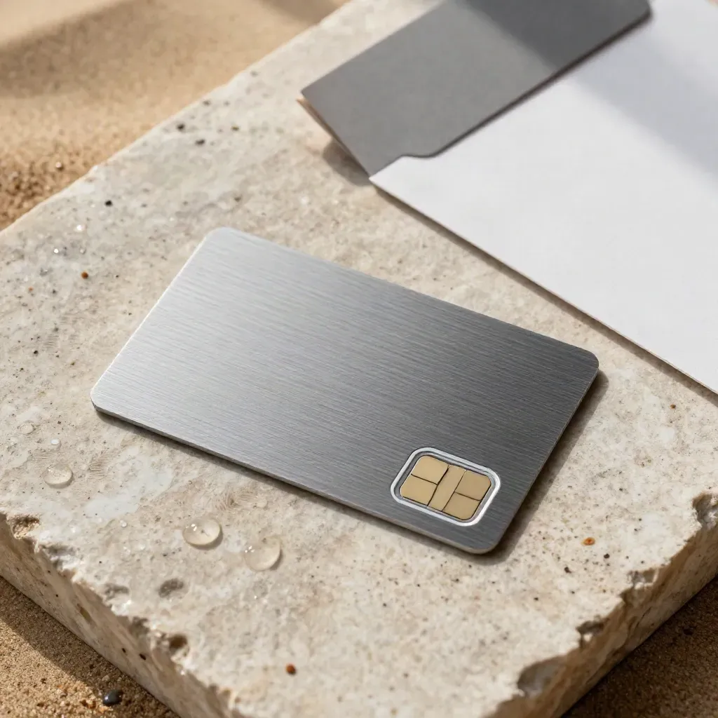 Prepaid telecomkaart op nat zandsteen met SIM-tool, omslag en gevouwen kaart in regenmist.