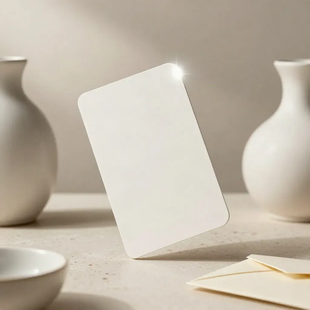 Zwevende cadeaubon met witte keramische vormen en een envelop op lichte achtergrond