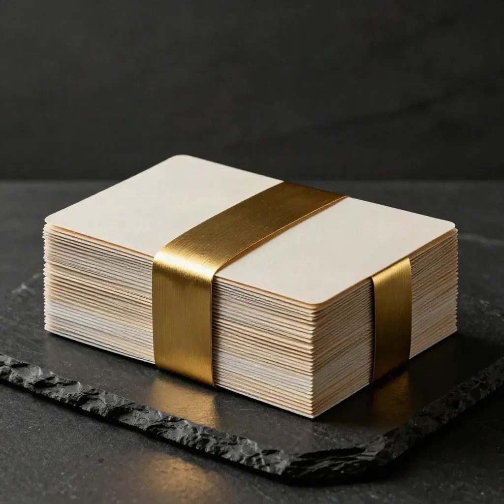 Stapel blanco cadeaukaarten met goudband op matte zwarte steen, dramatisch belicht in studio.