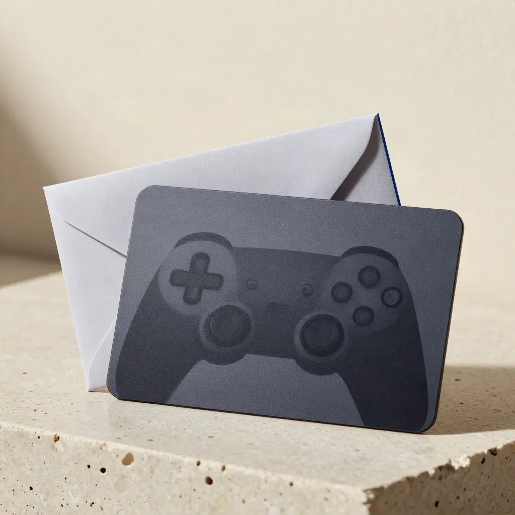 Close-up van een spelabonnementkaart die uit een matte sleeve schuift, met envelop en controller-silhouet.