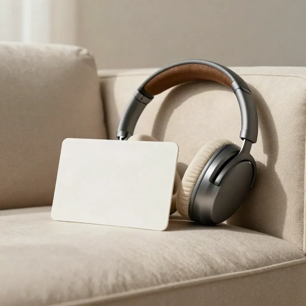 Blanke muziekkaart naast koptelefoon en linnen etui op een lichte bankarm