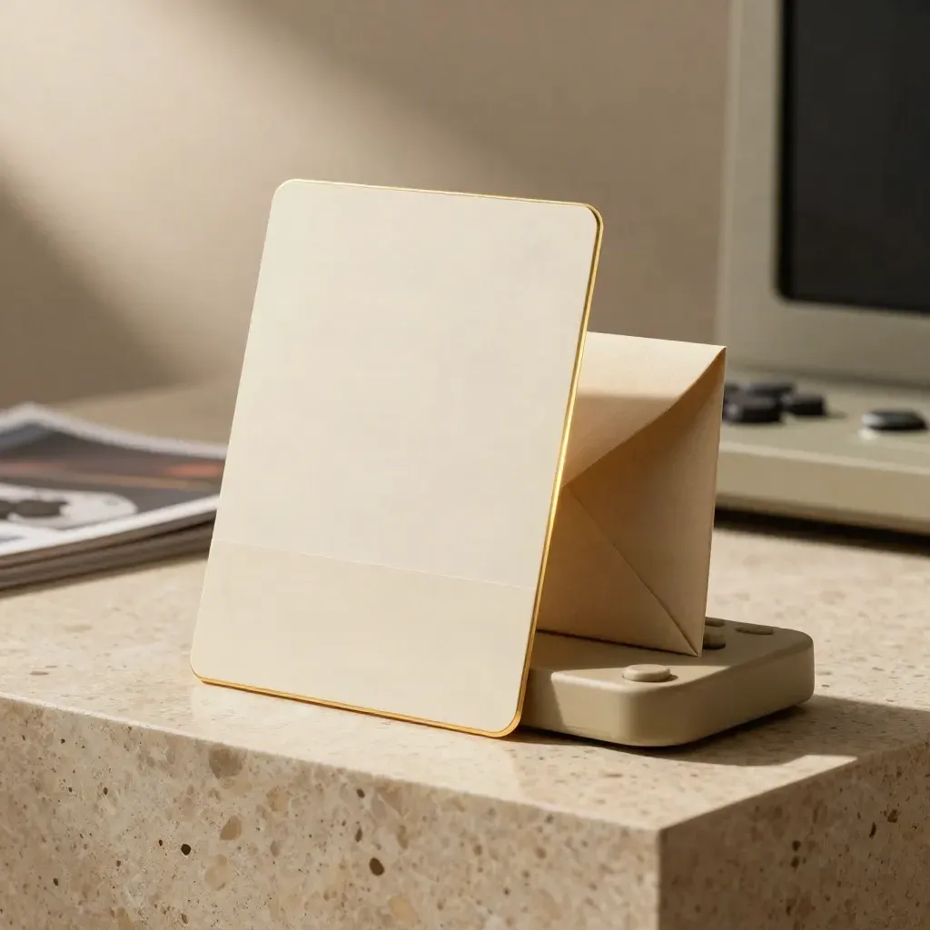 Premium voucherkaart voor game-tegoed naast een envelop en dock op travertin.