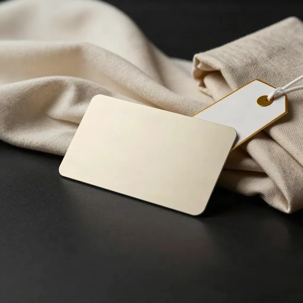 Blanco fashion cadeaukaart op crèmekleurig doek met goudaccent en papieren label