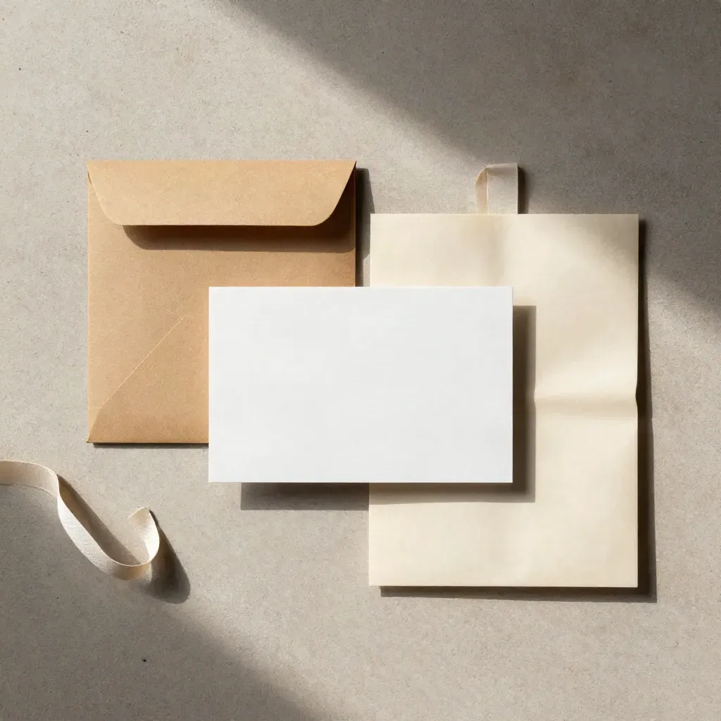 Bovenaanzicht van cadeaukaart met kraftmailer, lintlus en gevouwen papier op beton