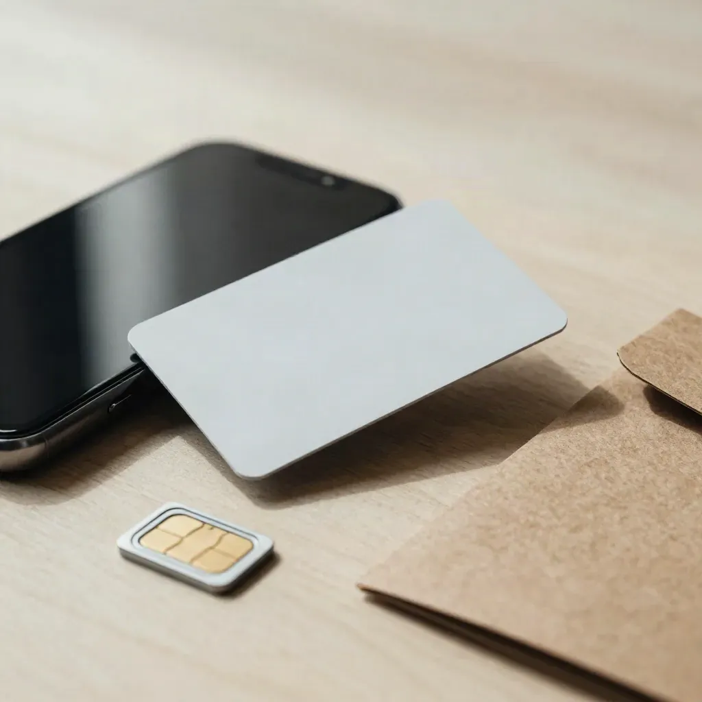 Telecom top-upkaart naast telefoon, simtool en kraft sleeve op licht hout.