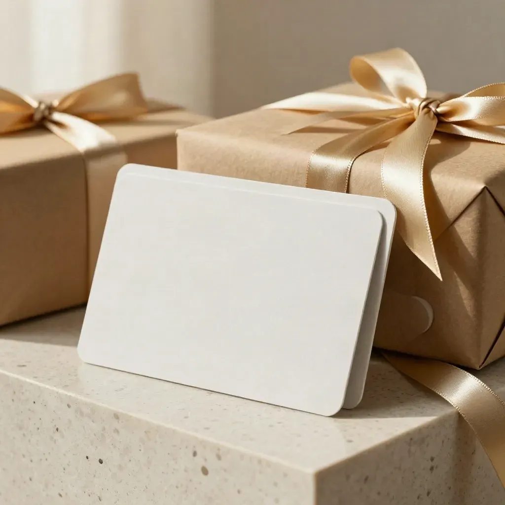 Premium cadeaukaart met sleeve, pakketjes en gouden linten op travertin