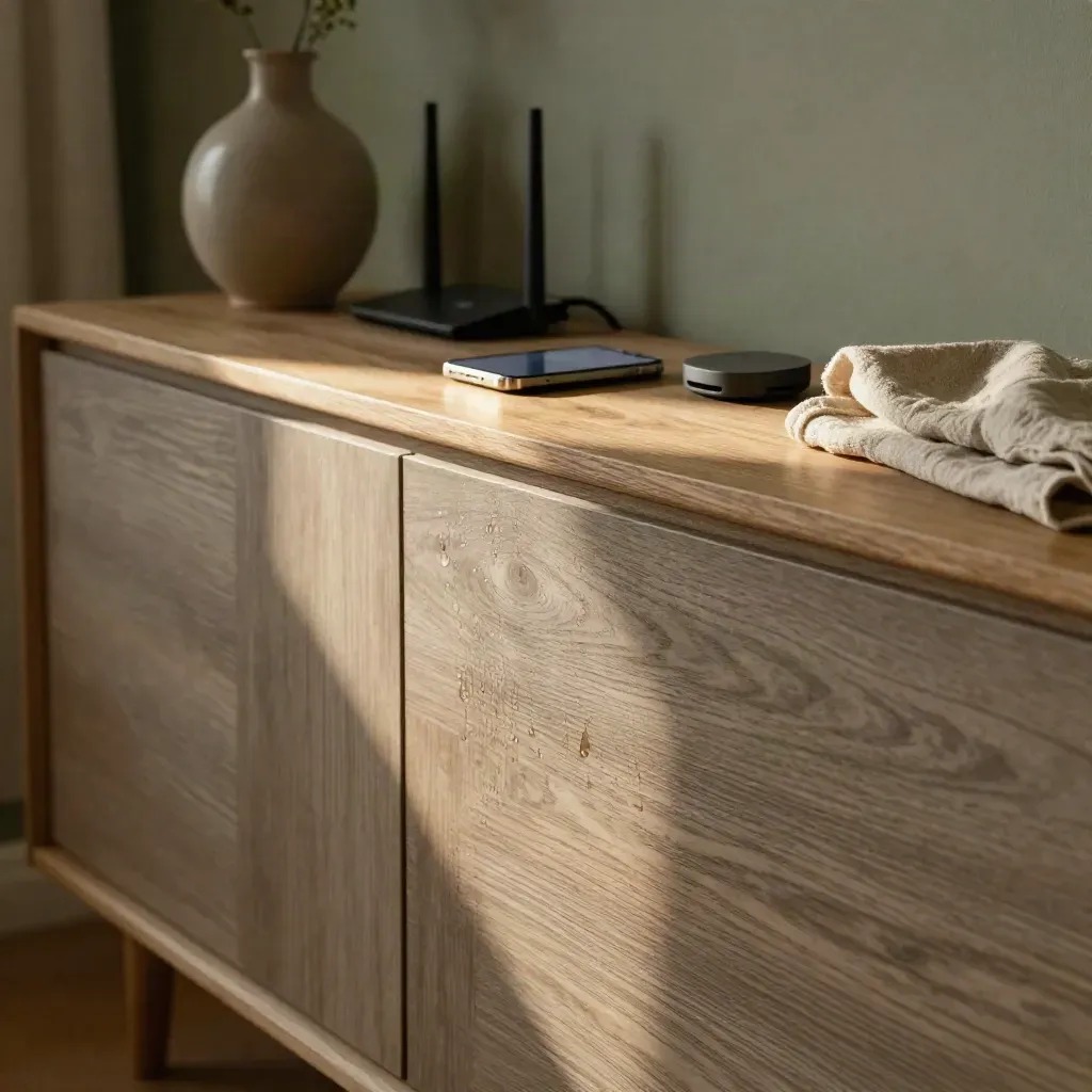 Warm eiken console met telefoon, modem, vaas en zacht gordijnlicht in een Nederlandse interieurhoek