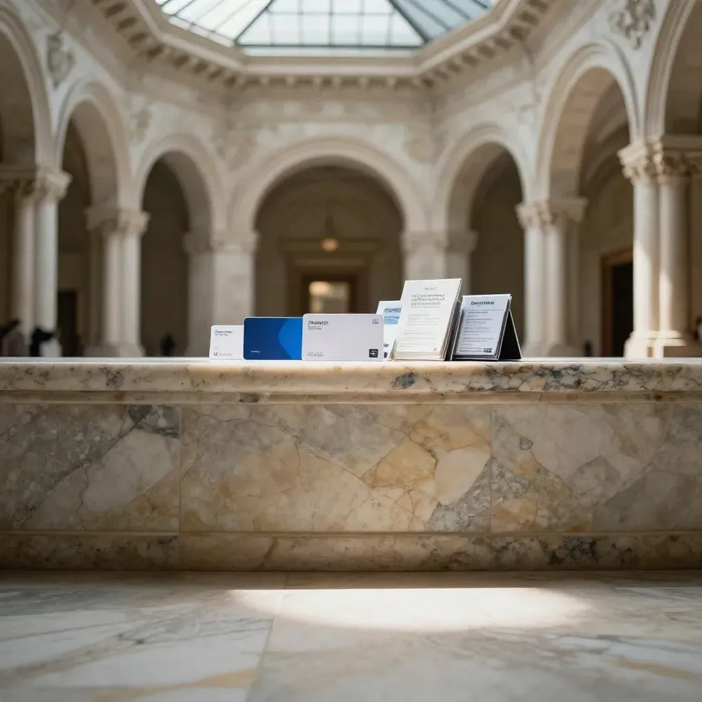 Licht stenen atrium met bogen, zonlicht en kleine cadeaukaarten hoog in beeld, rustige ruimte voor tekst.