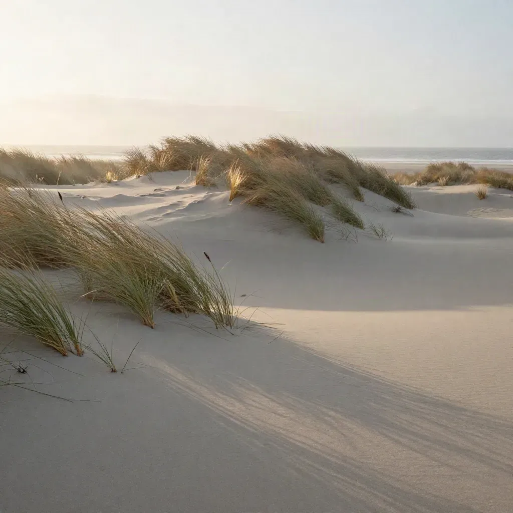 Duinrug met helmgras boven een zandpad in zachte gouden ochtendsfeer en zeemist