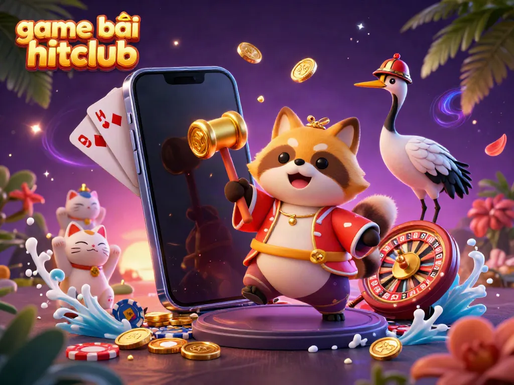Experience exciting game bài hitclub with a cheerful tanuki, crane, and fortune cats surrounded by casino elements.