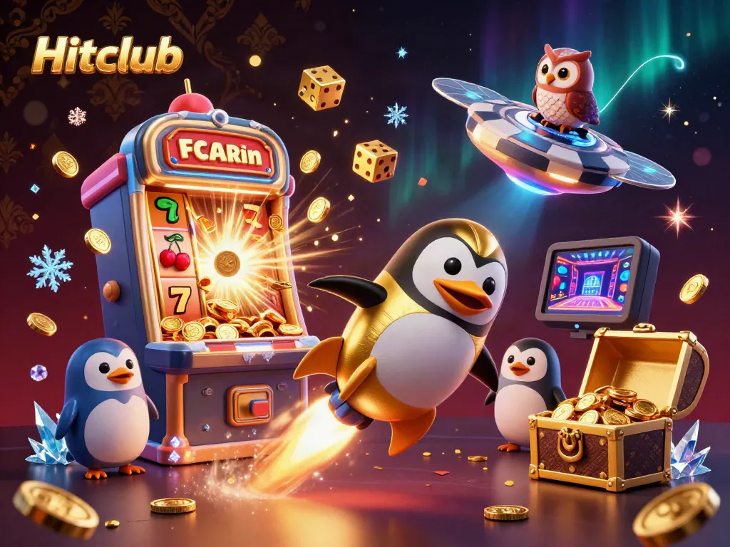 Hitclub's vibrant 3D casino adventure with a golden penguin and exciting gaming elements.