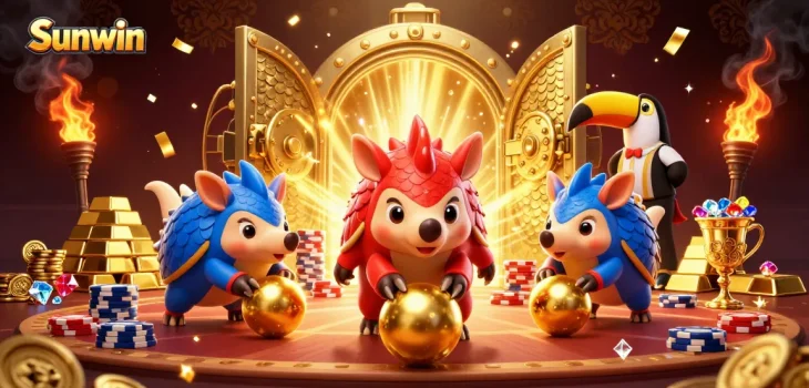 Sunwin pangolins rolling through poker chips in a vibrant casino scene.