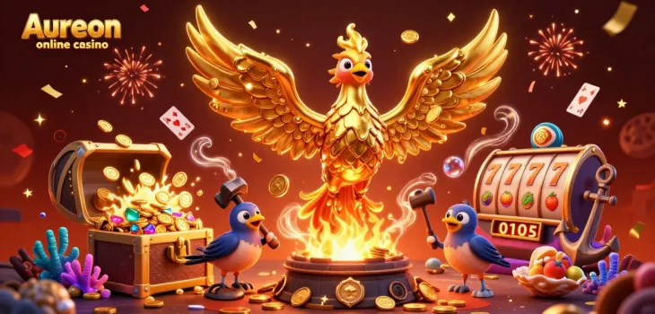 Aureon online casino showcases a molten phoenix with shimmering gold coins amidst vibrant casino elements and underwater treasures.